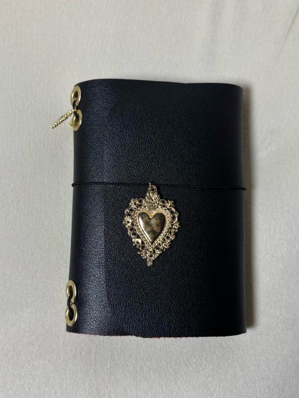 Black faux Leather Travel passport sleeve Journal with Gold Heart Charm